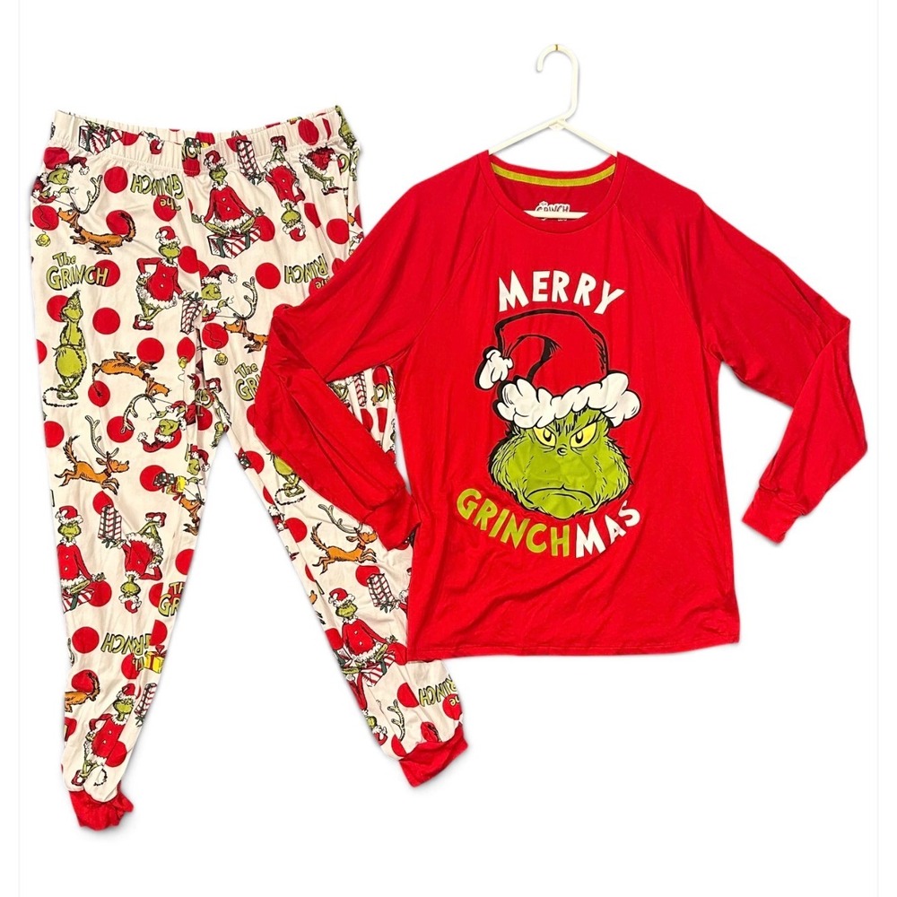 Dr. Seuss The Grinch Merry Grinchmas Christmas Pajama Set Red White Mens Small